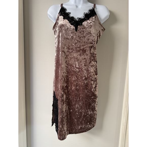 VTG Y2K Wishlist Crushed Velvet Chemise Dress Small Brown Black Lace Trim Retro - Picture 2 of 12
